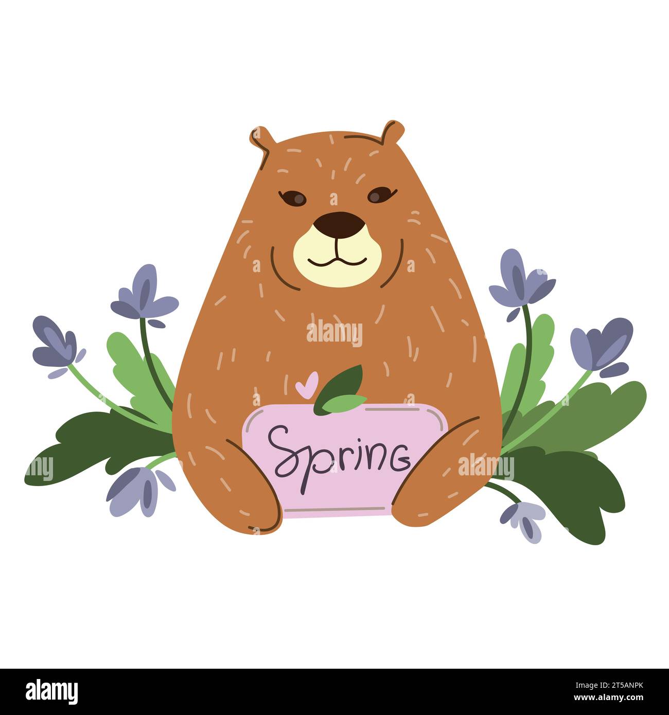 Mignon marmotte avec des fleurs de printemps et des feuilles.Happy Groundhog Day concept.Vector illustration simple dans le style de bande dessinée Illustration de Vecteur