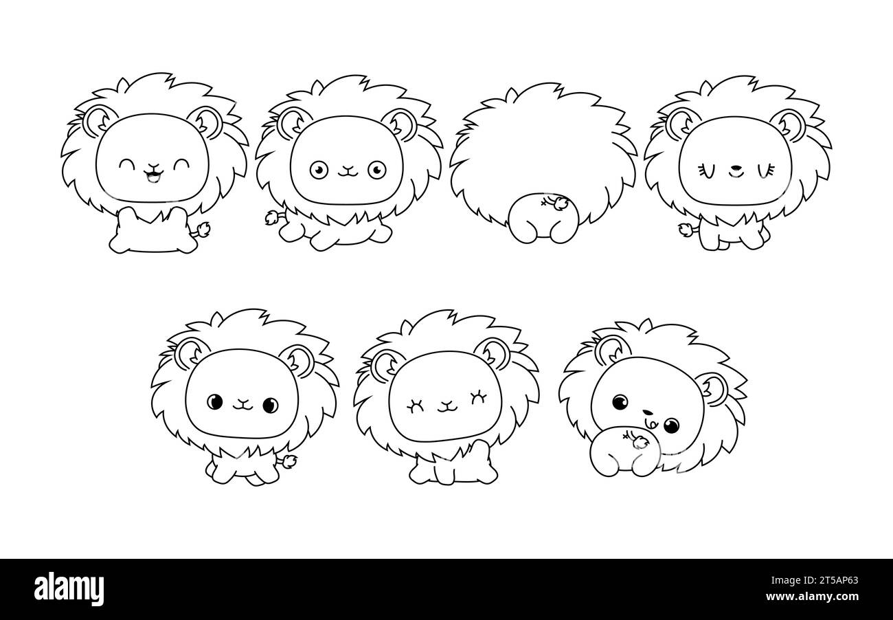 Collection de Vector Cartoon Lion Coloriage page. Ensemble de Kawaii Isolated Animal Outline pour autocollants, douche de bébé, livre de coloriage, impressions pour vêtements Illustration de Vecteur