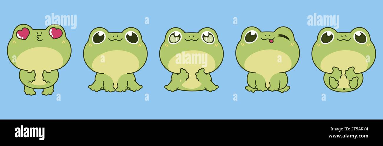 Collection de Vector Cartoon Frog Art. Ensemble d'illustrations amphibiennes isolées Kawaii pour impressions pour vêtements, autocollants, douche de bébé, pages à colorier Illustration de Vecteur
