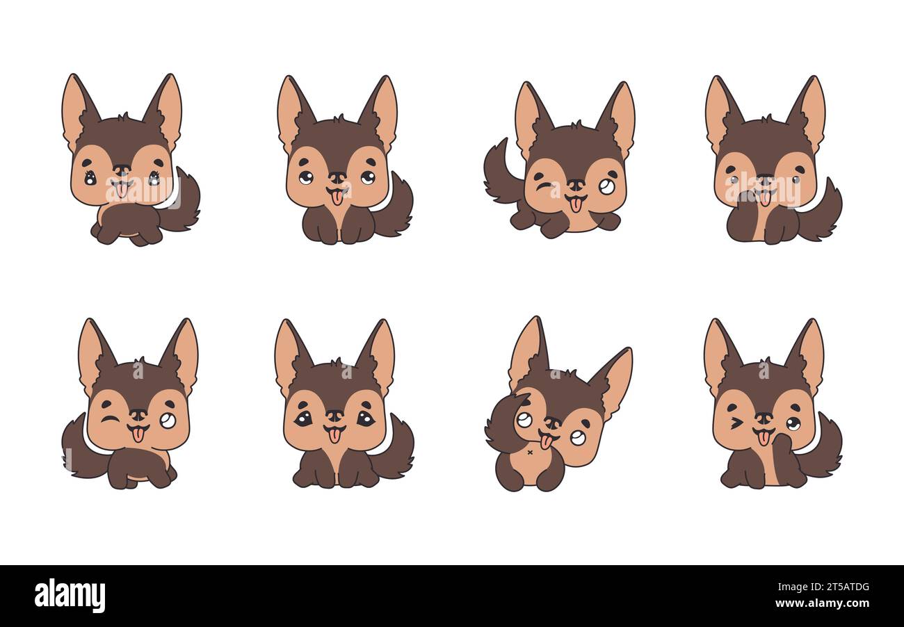 Ensemble de chien berger allemand isolé Kawaii. Collection d'illustrations vectorielles d'animaux de dessin animé pour autocollants, douche de bébé, pages à colorier, impressions pour Illustration de Vecteur
