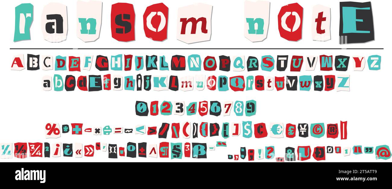 Les lettres de style collage de demi-teinte de rançon, les chiffres et les signes de ponctuation découpés dans les journaux et les magazines. Collection ABC vintage. Rouge, noir et blanc Illustration de Vecteur