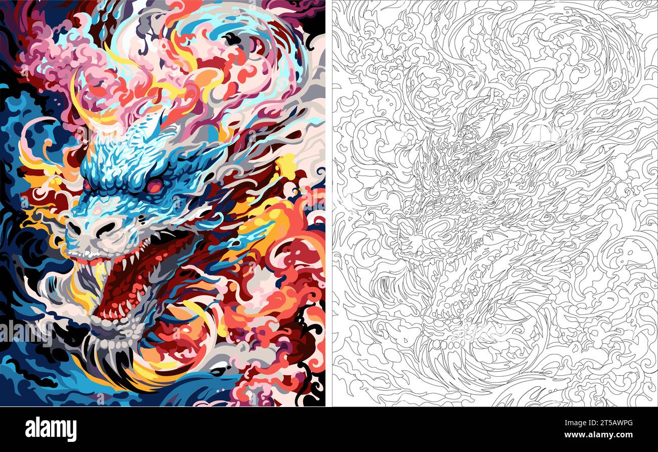 Coloriage par nombres, dessin de dragon noir et blanc, art au trait complexe, vecteur d'art au trait intense, image plate Illustration de Vecteur