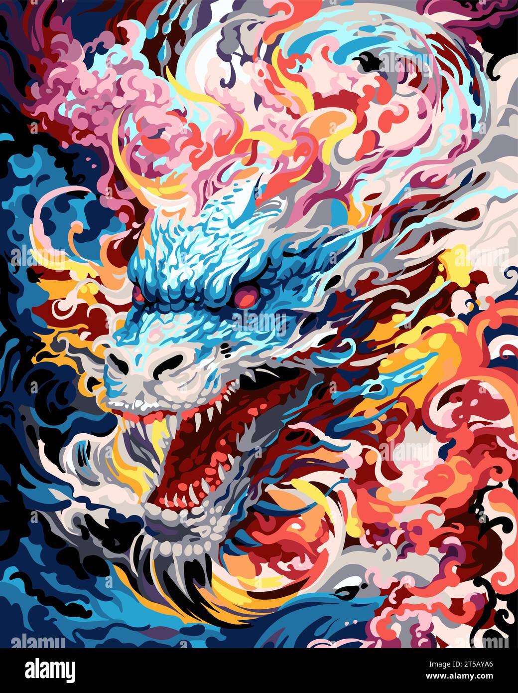 Coloriage par nombres, dessin de dragon noir et blanc, art au trait complexe, vecteur d'art au trait intense, image plate Illustration de Vecteur