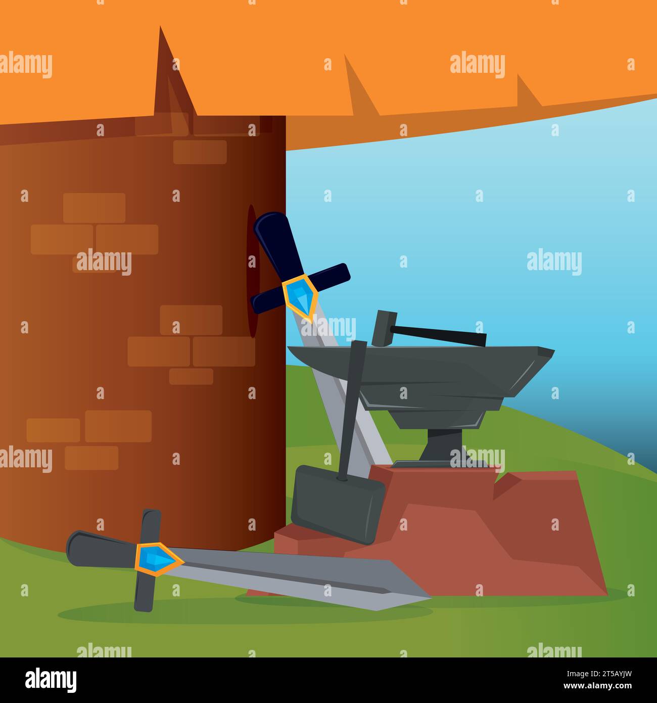 Enclume avec différentes armes médiévales Forge paysage Vector Illustration de Vecteur