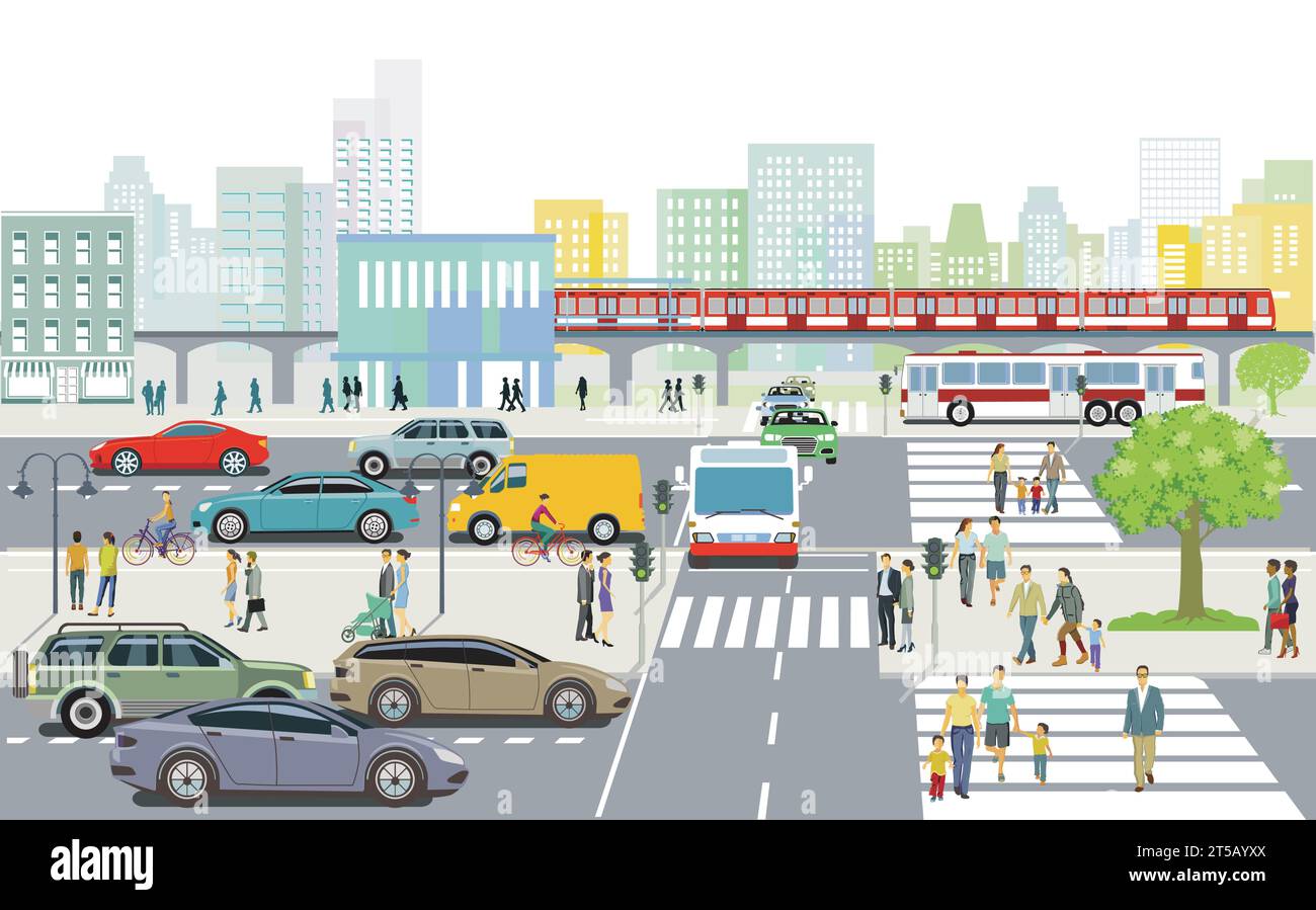 Circulation routière et train surélevé avec bus de ville, les gens dans la grande ville, illustration Illustration de Vecteur