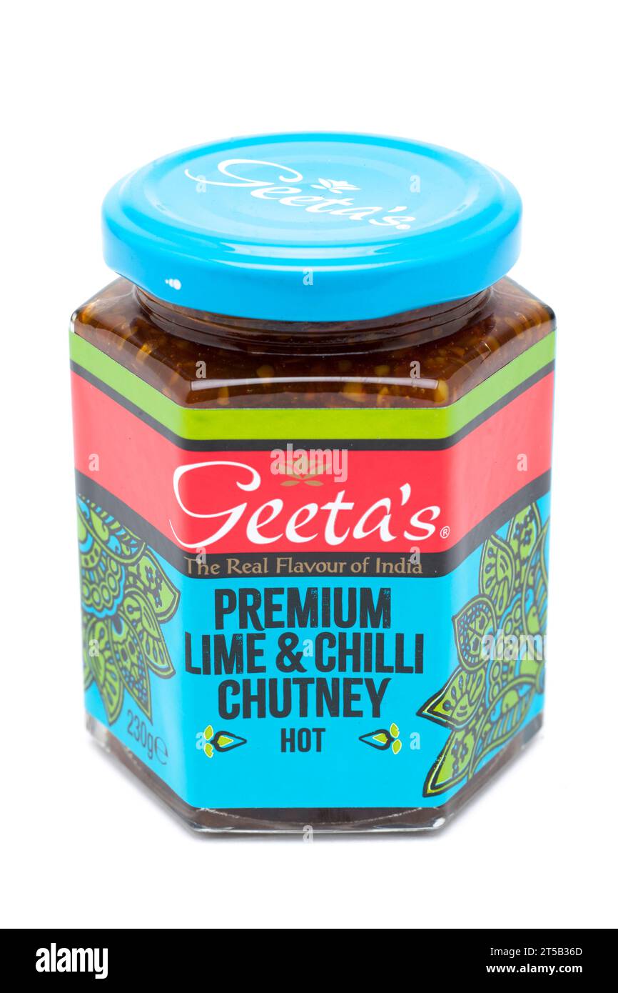Pot de Geeta's Hot Premium Lime et Chutney au piment Banque D'Images