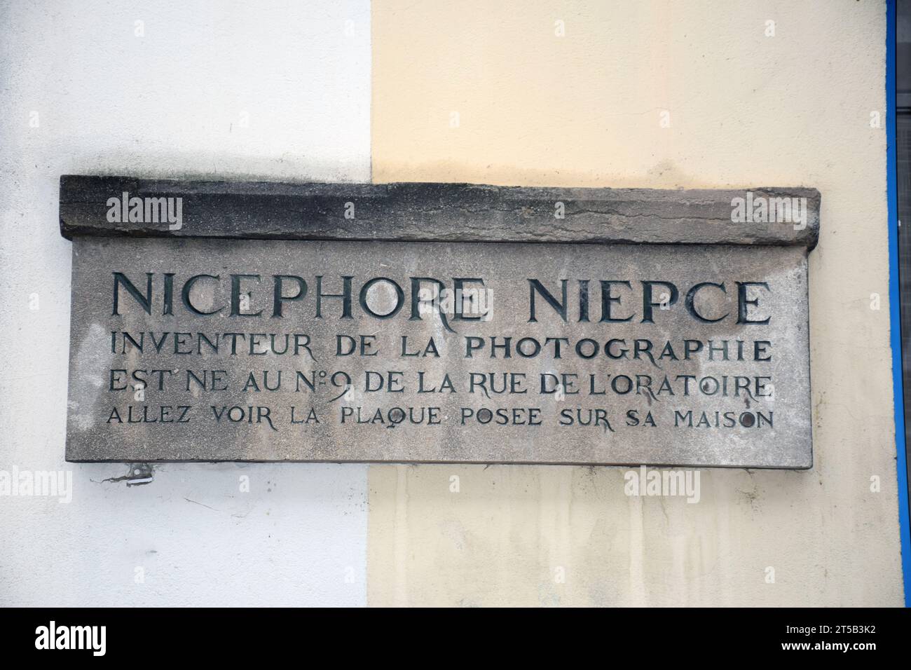 Plaque commémorant la naissance de Nicéphore Niepce, un des inventeurs de la photographie, Chalon-sur-Saône, France novembre 2023 Banque D'Images