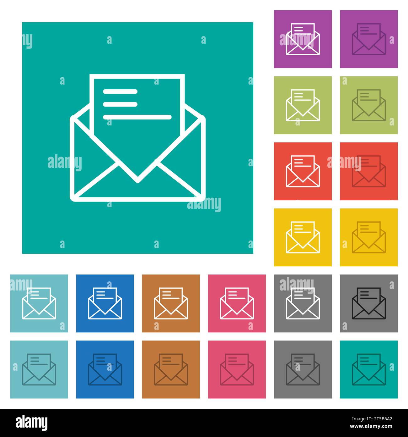 Ouvrir le courrier avec contour de lettre icônes plates multicolores sur des fonds carrés simples. Variantes d'icônes blanches et foncées incluses pour le survol ou l'effet actif Illustration de Vecteur