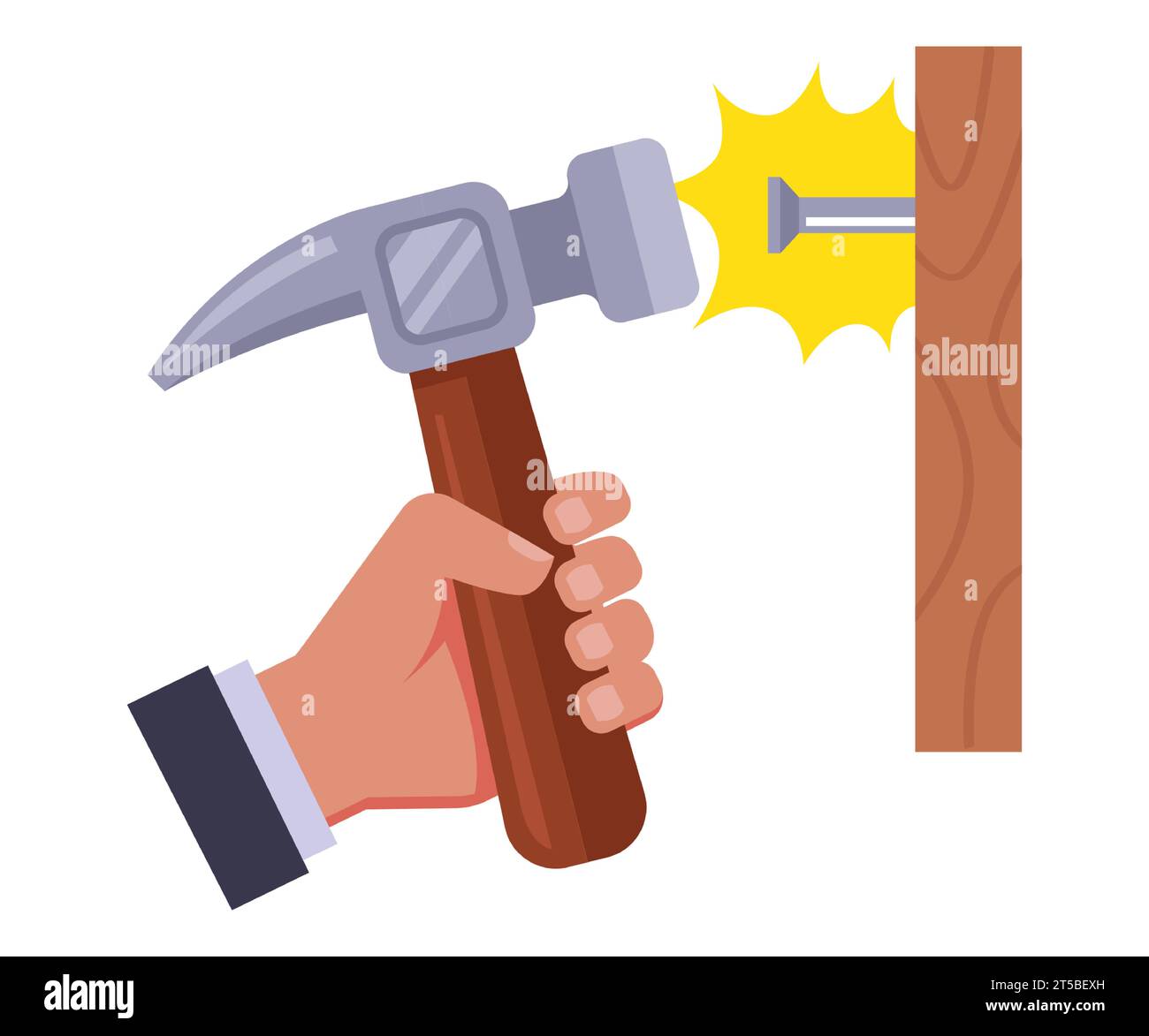enfoncer un clou dans le bois à l'aide d'un marteau. illustration vectorielle plate. Illustration de Vecteur