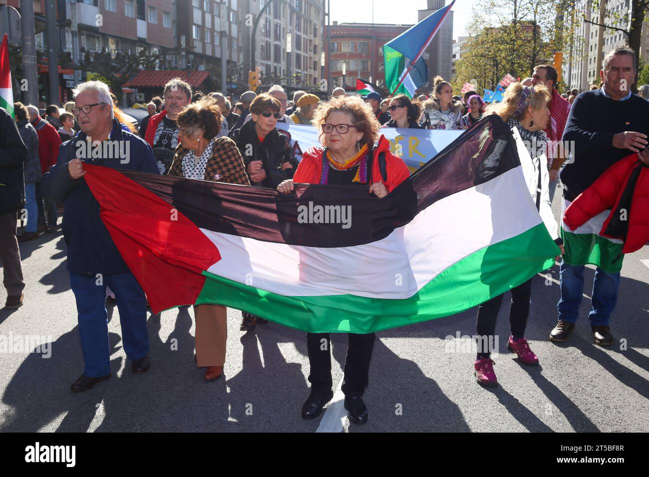 Gijon, Espagne, 04 novembre 2023 : plusieurs personnes portent un grand drapeau de Palestine lors de la manifestation en protestation contre le génocide palestinien, fin de l'occupation sioniste du génocide, le 04 novembre 2023, à Gijon, Espagne. Crédit : Alberto Brevers / Alamy Live News. Banque D'Images