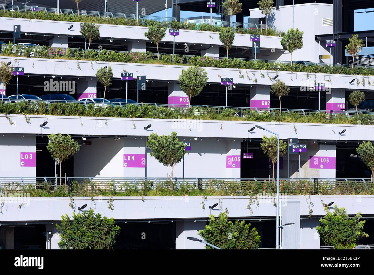 Parking à plusieurs étages avec arbres et numéros d'espace. Parking à plusieurs niveaux. Banque D'Images