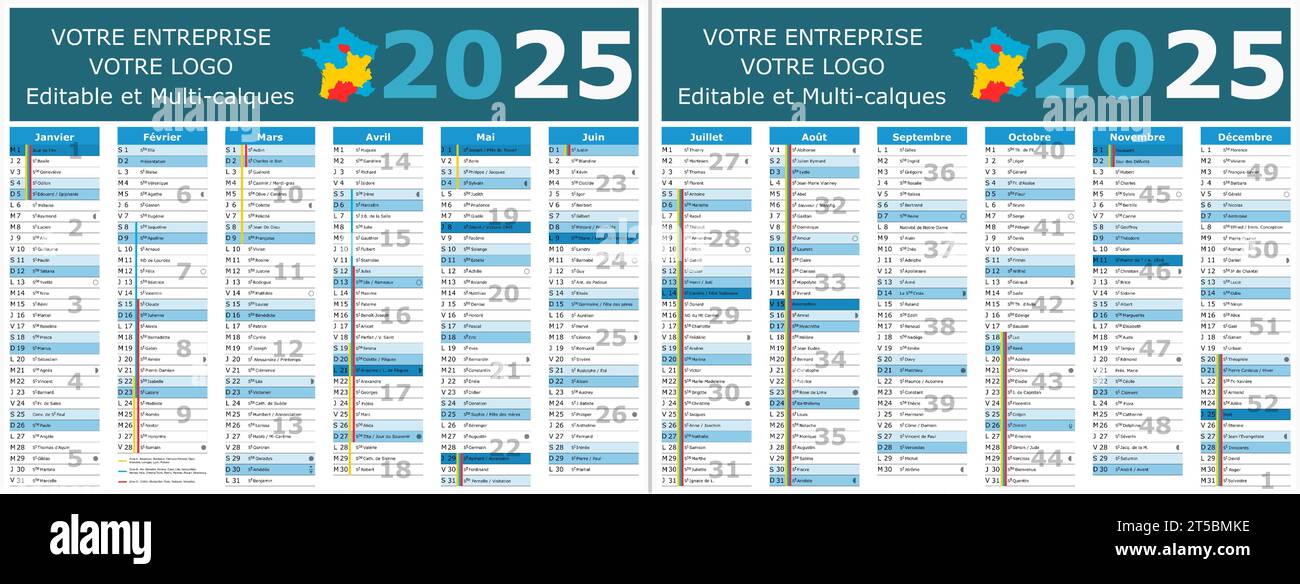 calendrier français 2025 avec des saints et des jours fériés Image