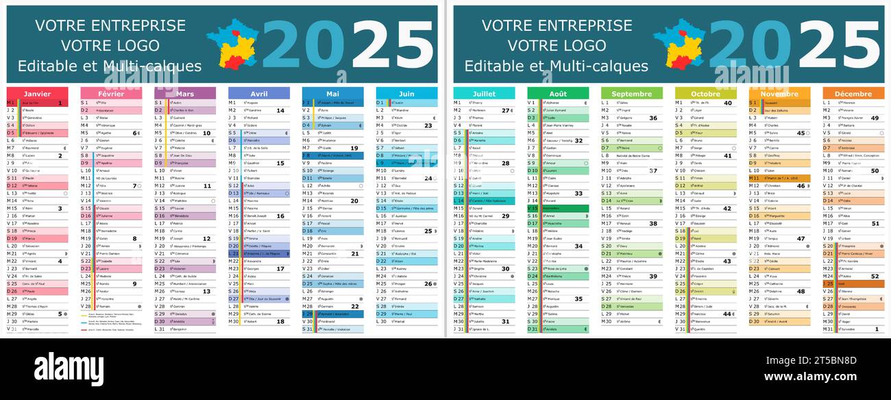 calendrier français 2025 avec des saints et des jours fériés Image