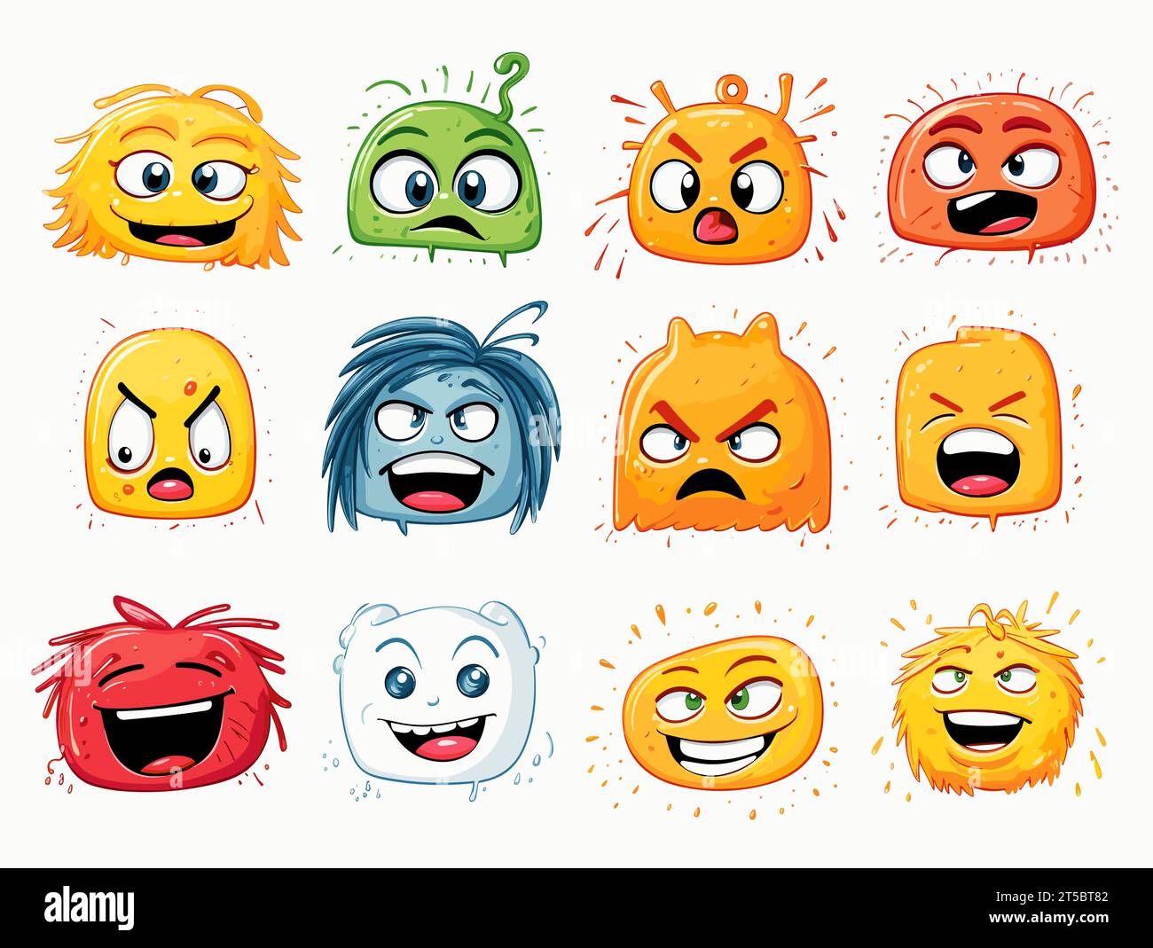 Dessin de 8 emojis différentes expressions illustration séparée, balayage des lignes surdessinées. Illustration de Vecteur