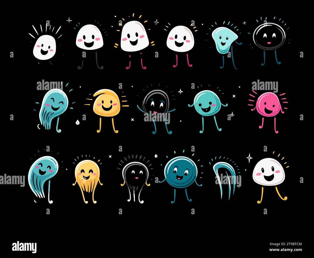 Dessin de 8 emojis heureux différentes expressions illustration séparée, balayage des lignes surdessinées. Illustration de Vecteur