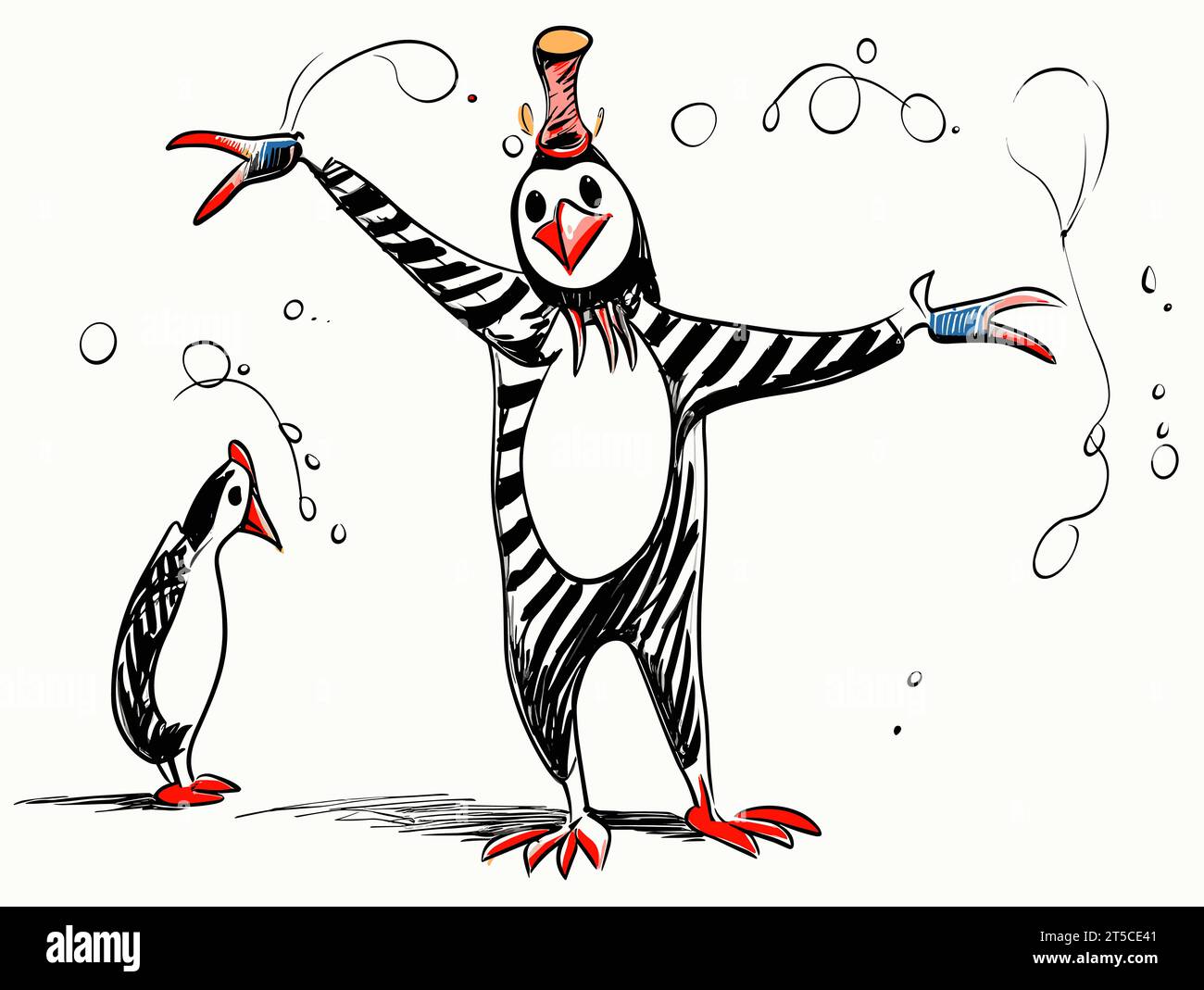 Dessin d'Illustration de pingouin clown isolé jonglant sur illustration blanche séparée, balayant des lignes surdessinées. Illustration de Vecteur