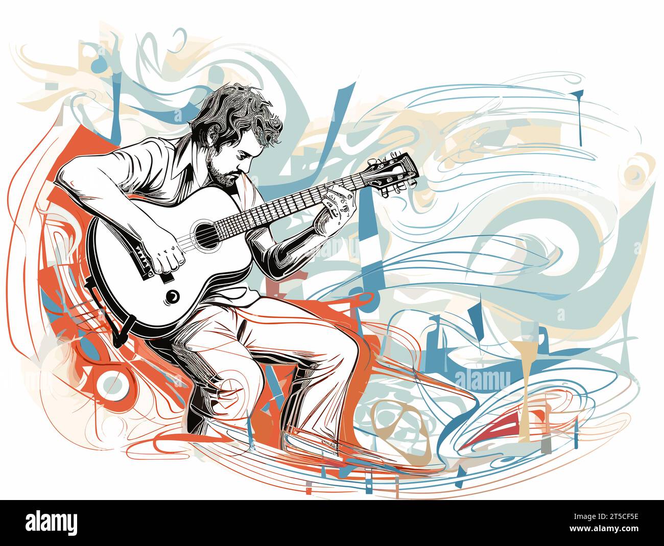 Dessin de la musique live backgroundGuitar joueur et illustration publique séparés, balayant les lignes surdessinées. Illustration de Vecteur