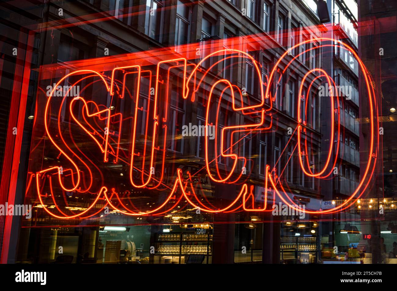 Enseigne au néon du restaurant Sugo Pasta, Glasgow, Écosse, Royaume-Uni, Europe Banque D'Images