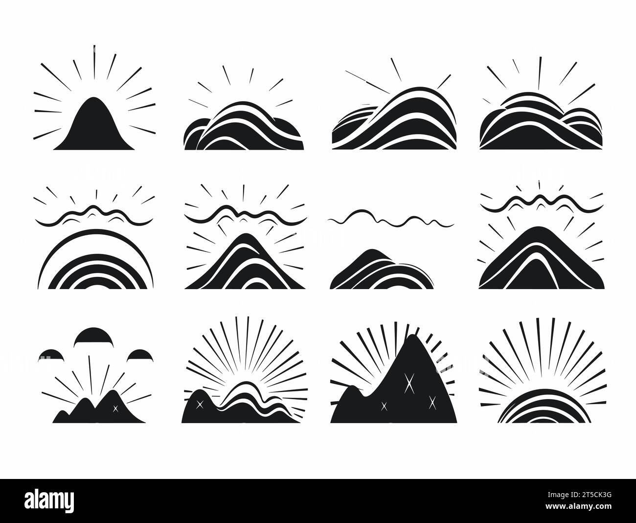 Dessin de l'ensemble d'icônes de lever de soleil. Noir sur une illustration blanche séparée, balayant des lignes surdessinées. Illustration de Vecteur