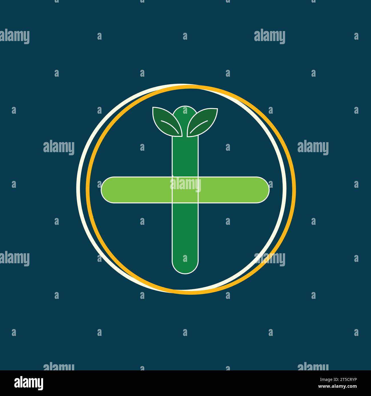 Vecteur de logo de soins de santé, icône verte plus avec feuille et cercle doré et blanc Illustration de Vecteur