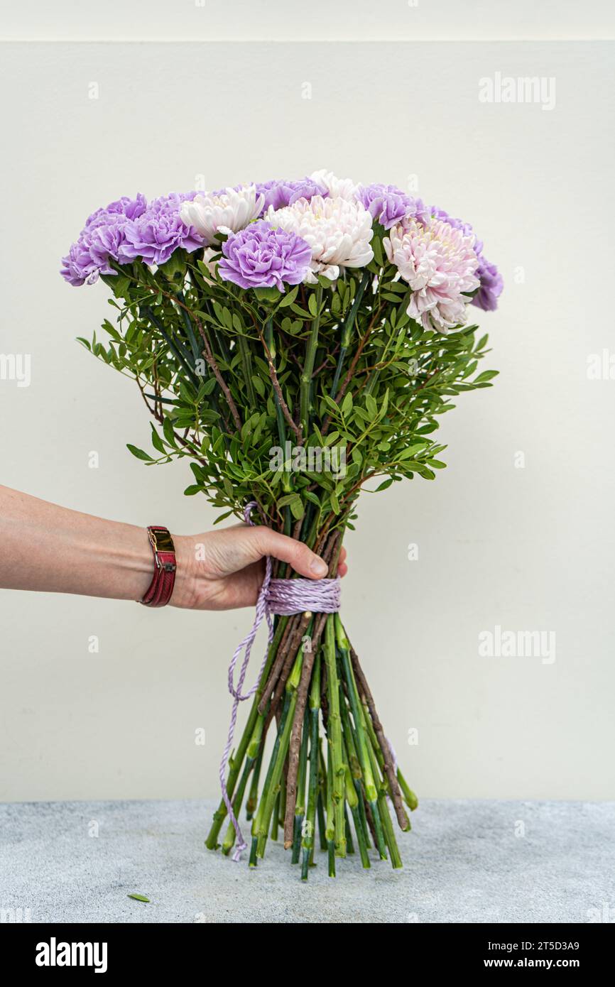 Beau bouquet avec œillet violet pâle et fleurs de chrysanthème dans les mains de la femme Banque D'Images