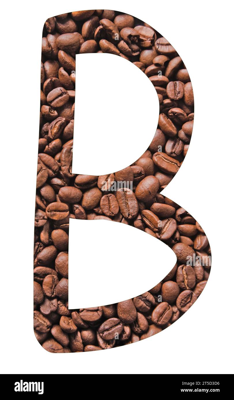 Lettre B créée avec des haricots entiers , visage de police inhabituelle qui attire l'attention, se rapporte à la nourriture, boisson, énergie, Banque D'Images