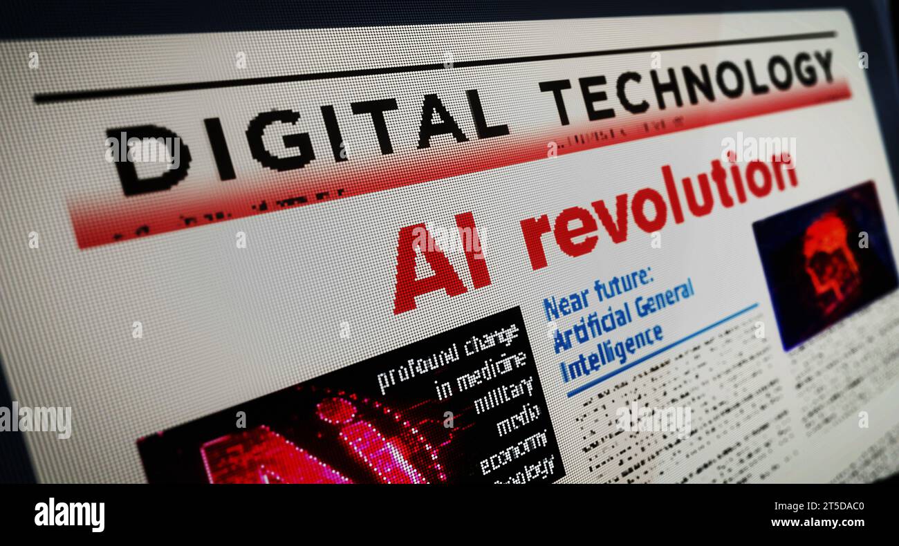 Révolution de l'IA innovation technologique de l'intelligence artificielle lecture quotidienne du journal sur l'écran de tablette mobile. Écran tactile homme avec titres Banque D'Images