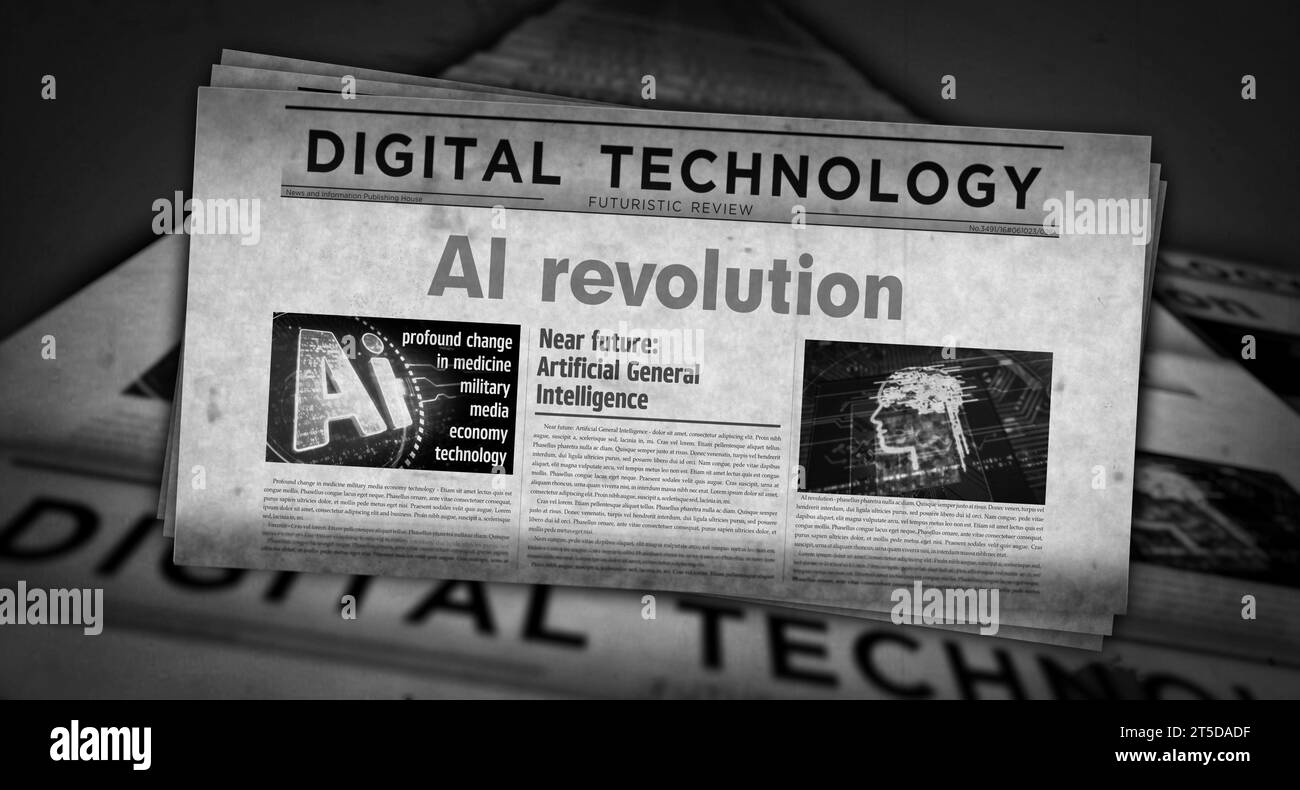 Révolution de l'IA innovation technologique de l'intelligence artificielle l'impression de journaux et d'actualités vintage. Concept abstrait rétro titres illustration 3D. Banque D'Images