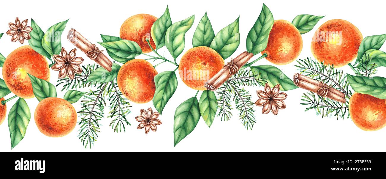 Motif horizontal de Noël avec des mandarines, des aiguilles de pin sur un fond blanc. Motif sans couture aquarelle dessiné à la main. Décoration de Noël pour le Banque D'Images