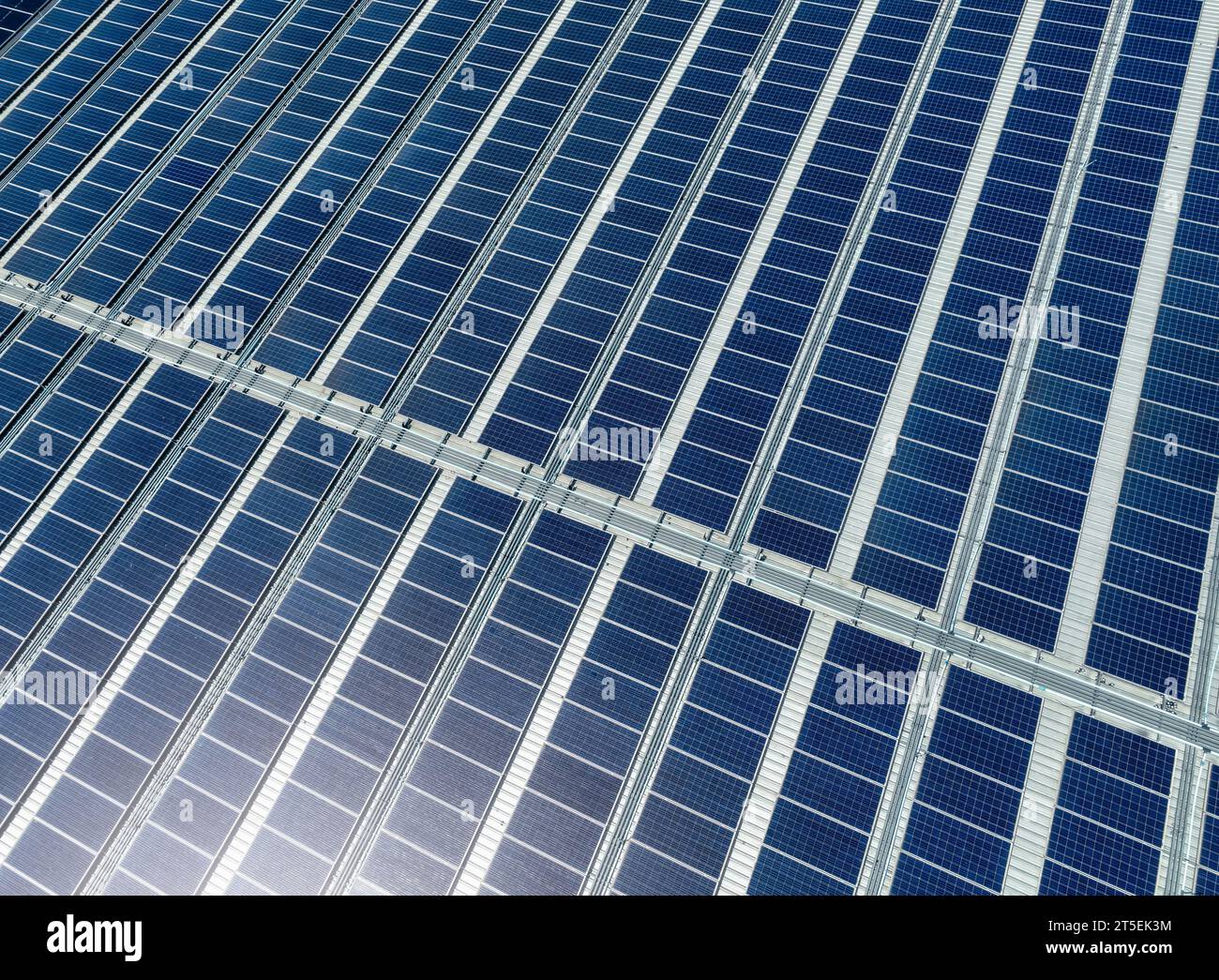 Vue aérienne des panneaux solaires ou photovoltaïques sur le toit de l'usine. Énergie solaire pour l'énergie verte. Énergies renouvelables durables. Les panneaux de cellules solaires génèrent Banque D'Images