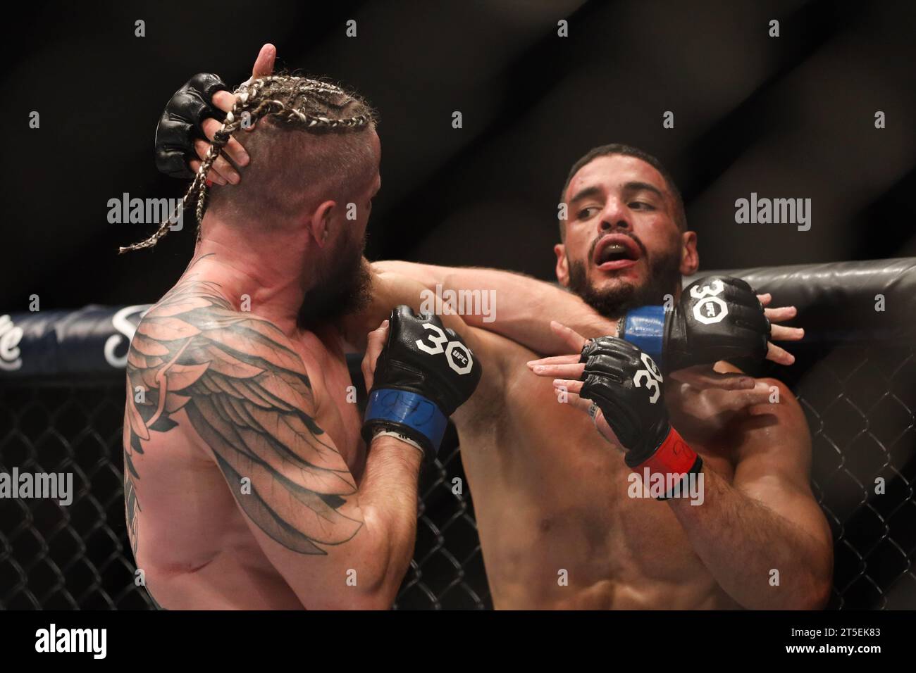 Sao Paulo, Brésil. 04 novembre 2023. Gabriel Bonfim (rouge) et Nicolas Dalby (bleu) lors du combat poids-lourds à l'UFC Fight Night à Ginásio do Ibirapuera, au sud de São Paulo, ce samedi 4 novembre 2023 crédit : Brazil photo Press/Alamy Live News crédit : Brazil photo Press/Alamy Live News Banque D'Images