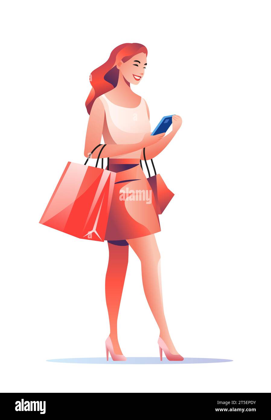 femme dans le caractère féminin des marques de mode tenant des sacs à provisions et en utilisant le téléphone portable saison grande vente promotion spéciale rabais Illustration de Vecteur