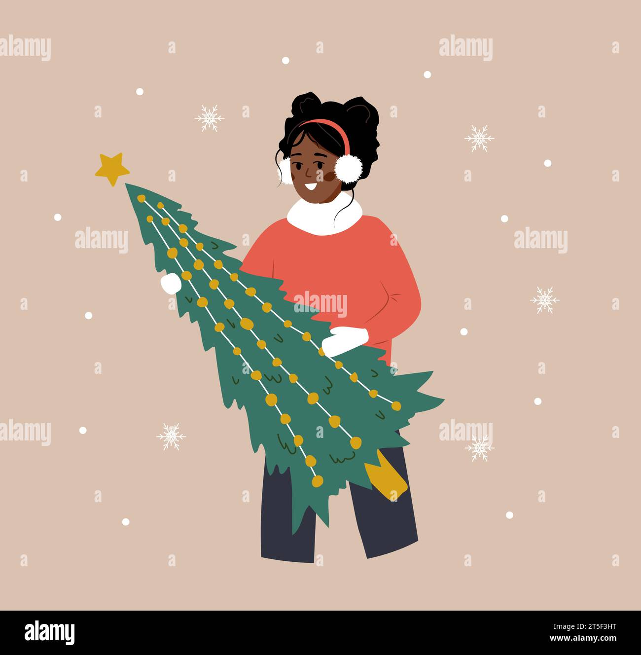 Femme tenant l'arbre de Noël. Fille africaine souriante se préparant pour les vacances d'hiver. Les gens achètent du sapin de Noël sur la foire. Carte postale du nouvel an. Vecteur Illustration de Vecteur