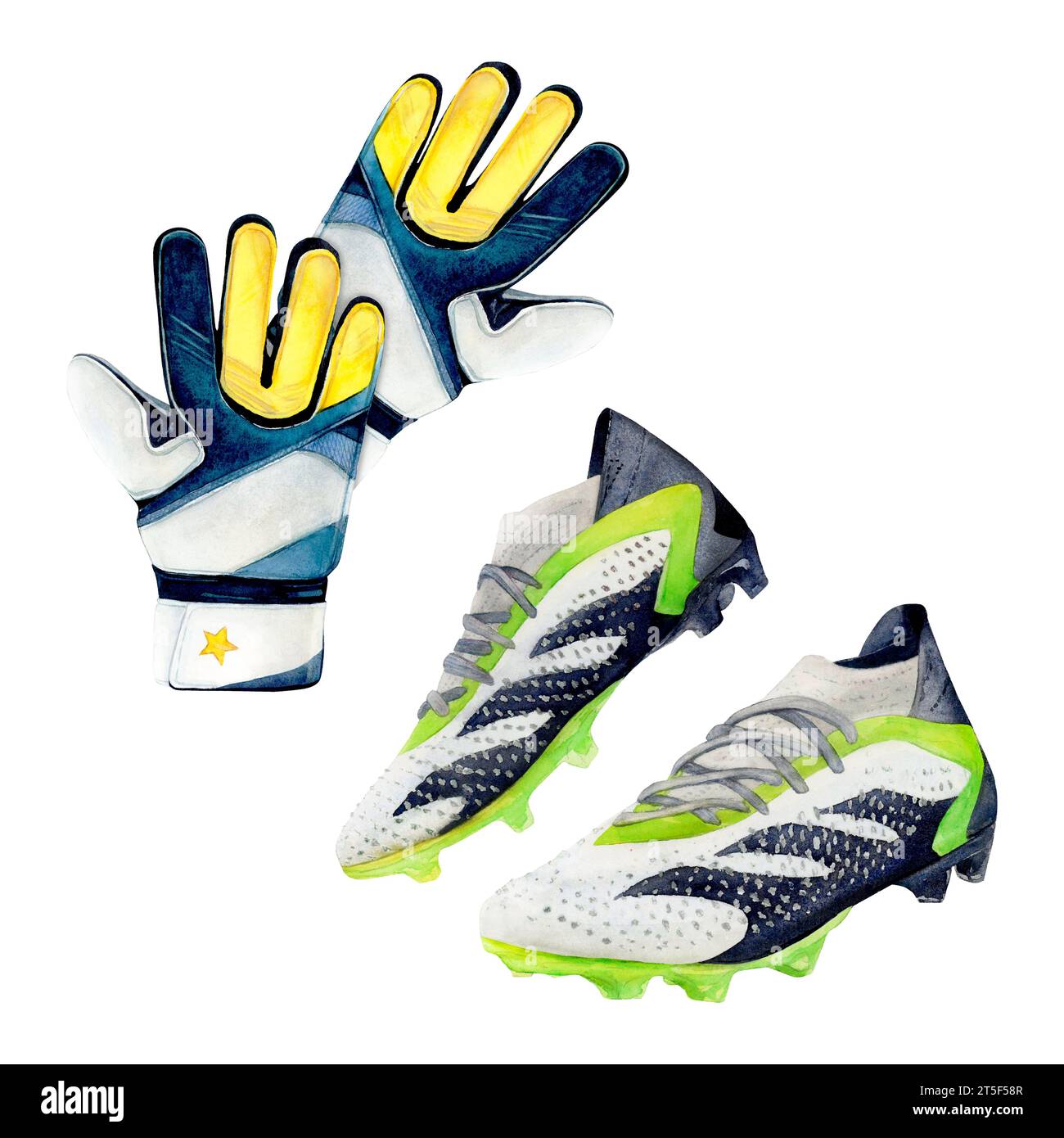 Dessin à l'aquarelle de gants et bottes de football jaune bleu blanc et vert avec étoile jaune. Illustration richement peinte isolée sur blanc Banque D'Images