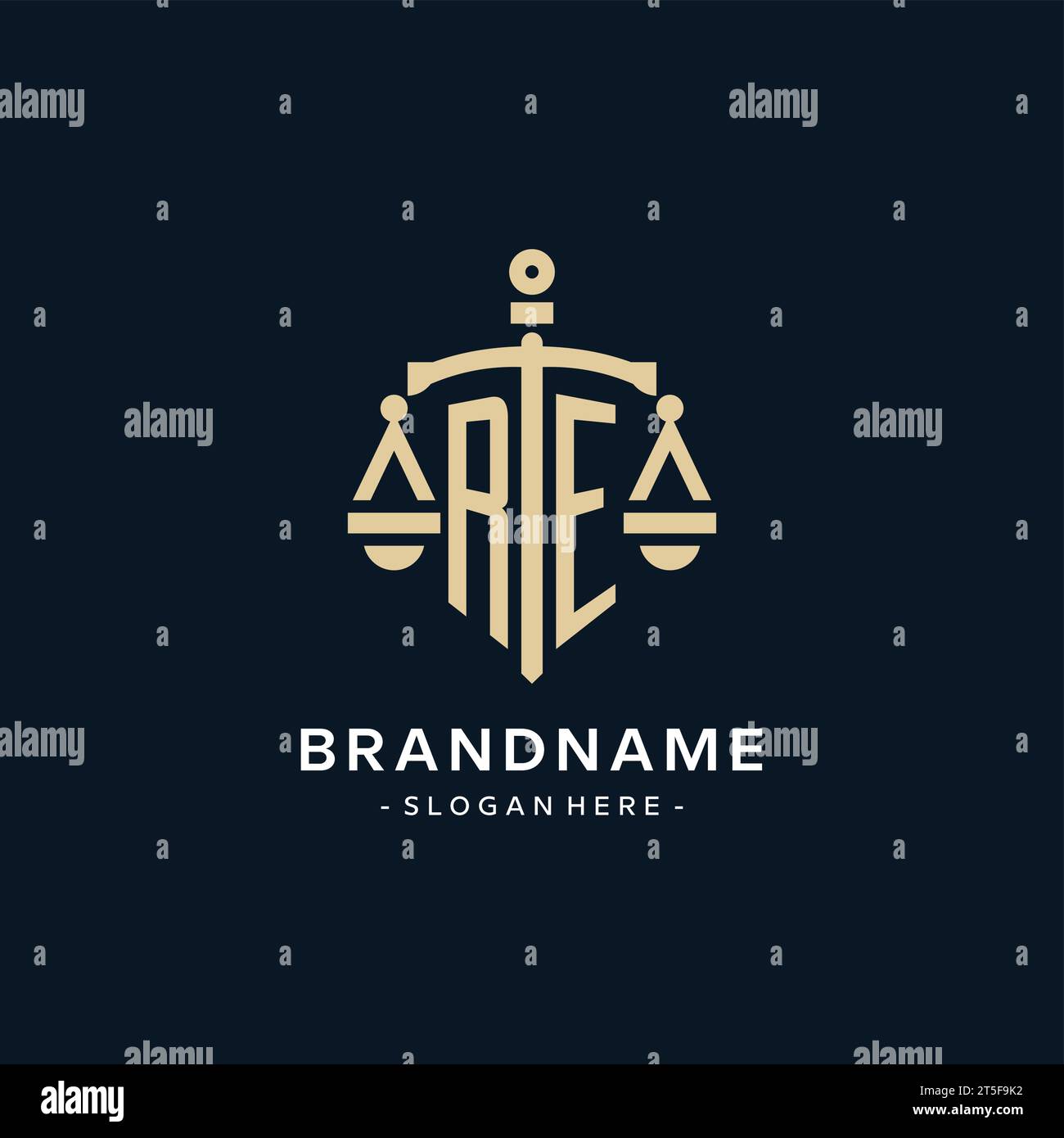 RE logo initial avec l'échelle de la justice et icône de bouclier, luxe et style élégant de logo de cabinet d'avocats Illustration de Vecteur