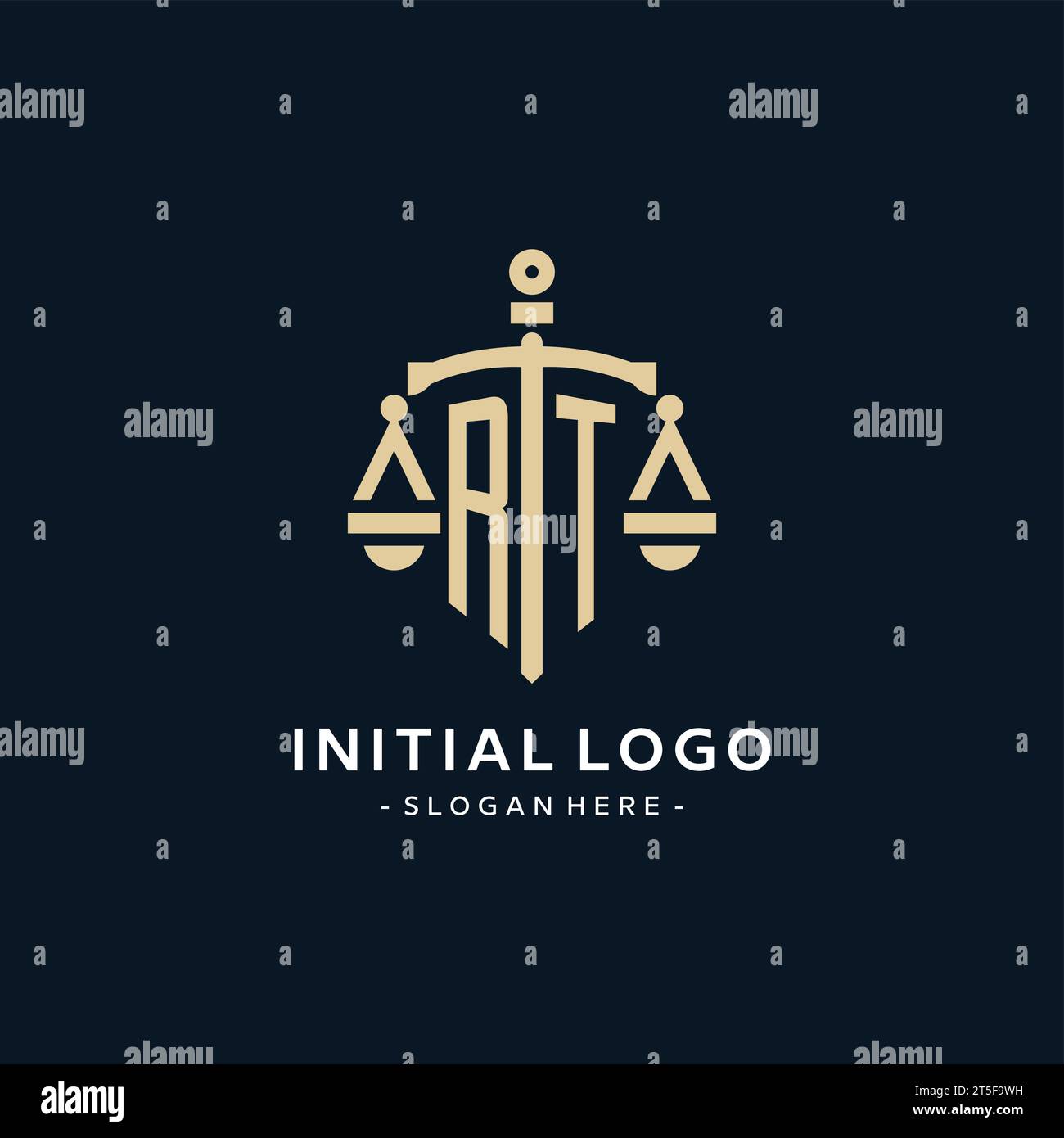 Logo initial RT avec échelle de justice et icône de bouclier, style de logo de cabinet d'avocats de luxe et élégant Illustration de Vecteur
