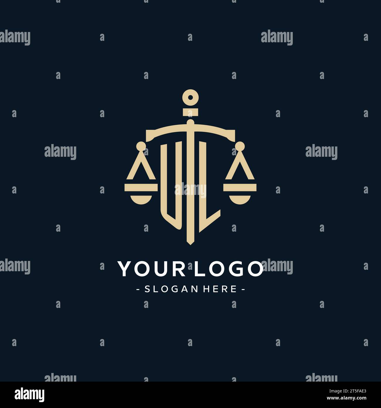 Logo initial UL avec échelle de justice et icône de bouclier, style de logo de cabinet d'avocats de luxe et élégant Illustration de Vecteur