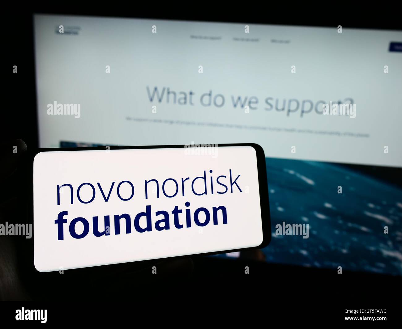 Personne détenant un téléphone portable avec le logo de l'organisation danoise Novo Nordisk Foundation devant la page web. Concentrez-vous sur l'affichage du téléphone. Banque D'Images