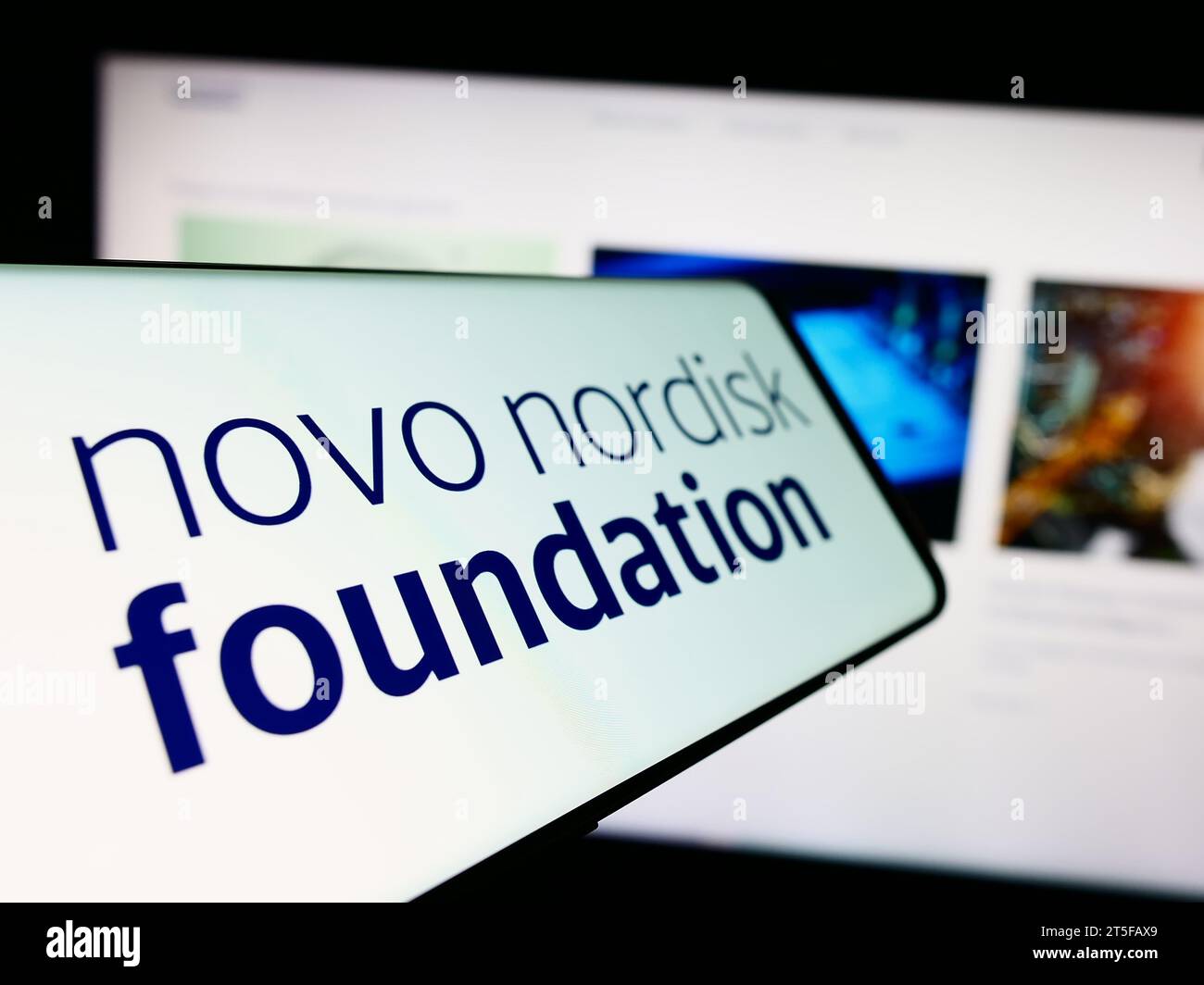Smartphone avec logo de l'organisation danoise Novo Nordisk Foundation devant le site web. Concentrez-vous sur le centre gauche de l'écran du téléphone. Banque D'Images