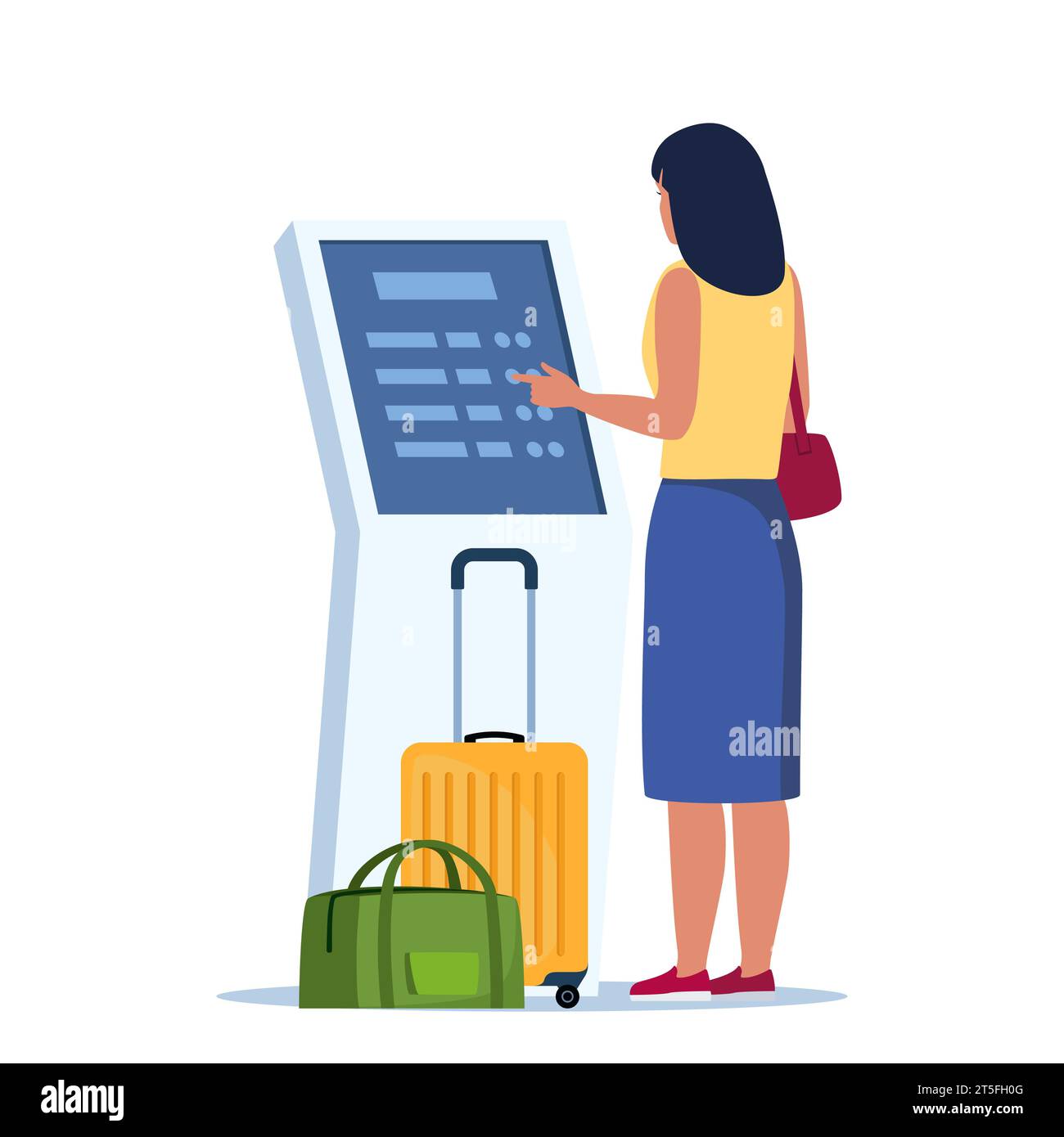 Femme auto-enregistrement à la machine automatique dans le terminal de l'aéroport. Achat d'un ticket par terminal interactif. Illustration vectorielle Illustration de Vecteur