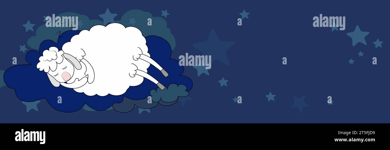 Bannerlovely agneau horizontal dormant doucement sur les nuages et parmi les étoiles. Journée mondiale du sommeil et le concept de bon sommeil, rêves de fées. Illustration de Vecteur