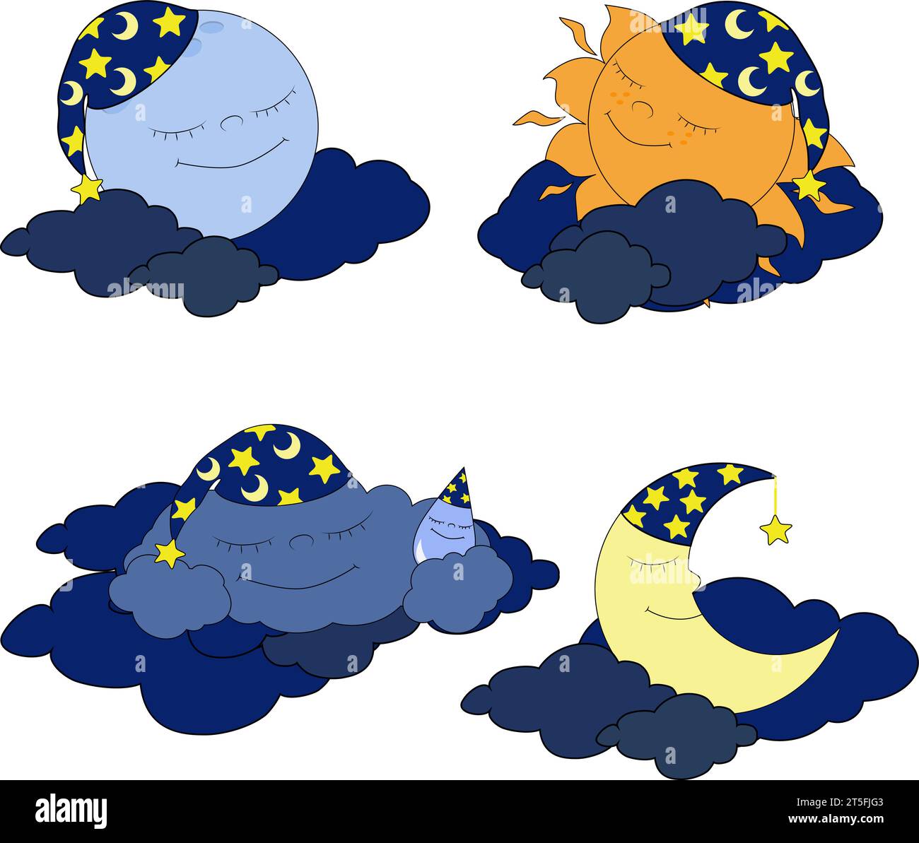 Ensemble de lune endormie, soleil et nuage dans les bonnets de nuit. Dessins animés mignons objets célestes. Illustration vectorielle de personnages de bonne nature sur un backgroun blanc Illustration de Vecteur