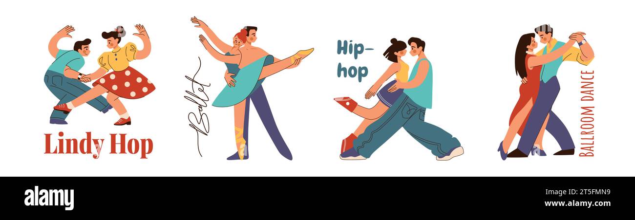 Danse en couple. Hommes et femmes danseurs. Lindy Hop. Salsa et tango. Danse de salle de bal. Affiche Latino rumba. Carnaval musical. Paire hip-hop. Jolie ballerine. Illustration de Vecteur
