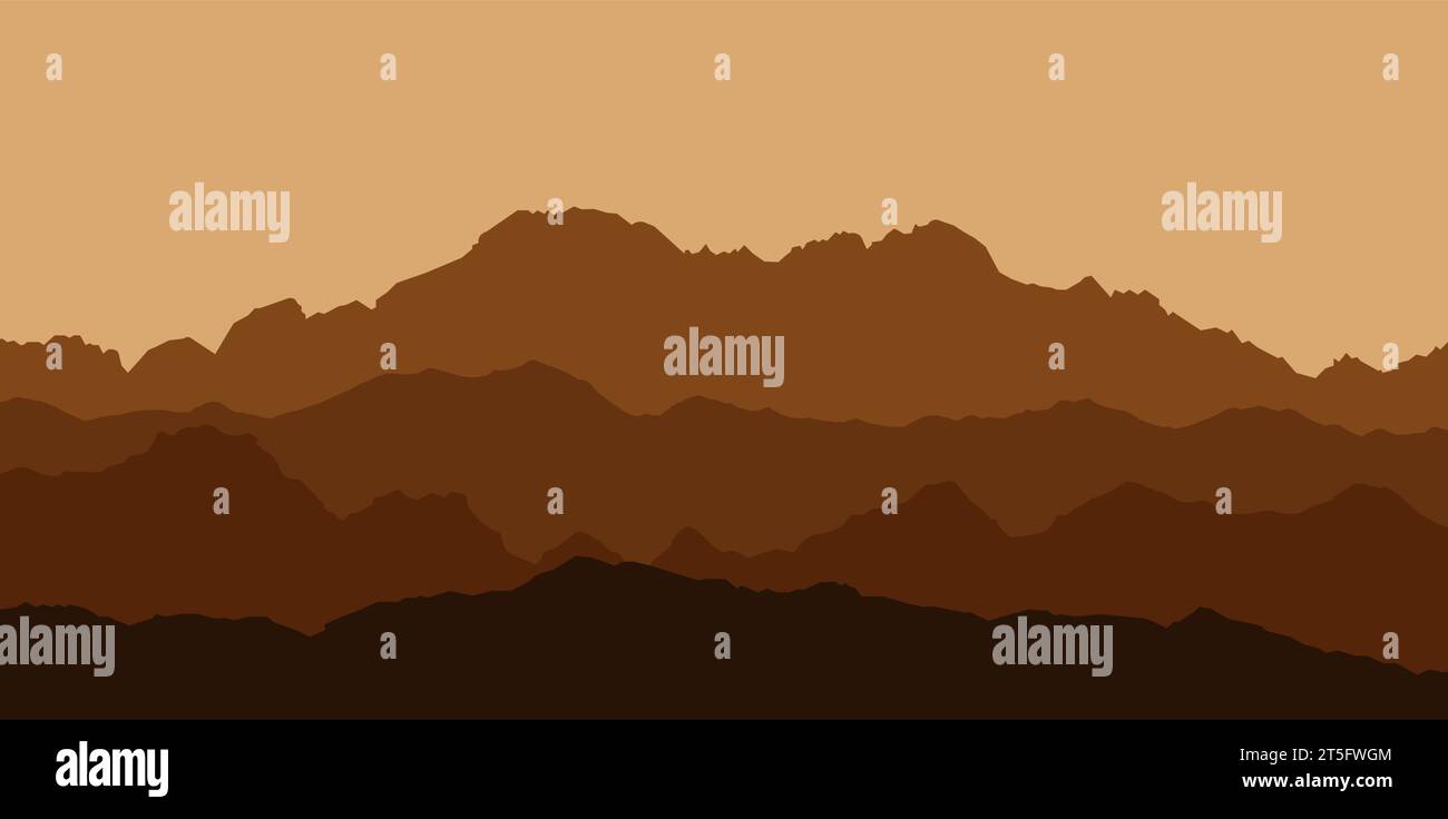 Vue panoramique sur le paysage de montagne avec du brouillard dans la vallée ci-dessous avec l'alpenglow ciel bleu et soleil levant - vector Illustration de Vecteur
