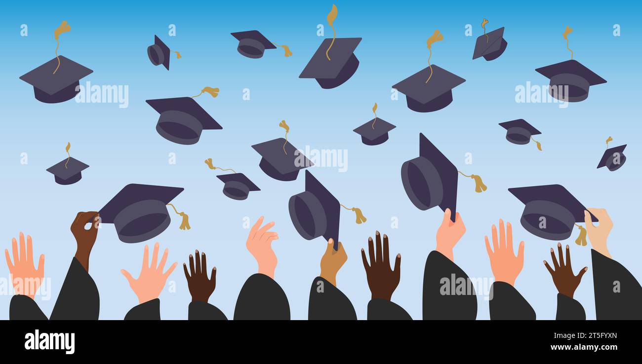 Étudiants diplômés de mains d'élèves en robe jetant des chapeaux de graduation dans l'air, des chapeaux académiques volants, jeter des planches de mortier dans le ciel plat de dessin animé vect Illustration de Vecteur