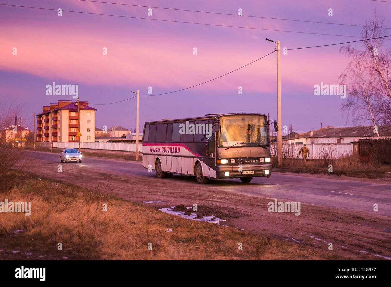 10.02.2020. Ukraine, Chervonograd. Setra S215 desservant le voyage public. Banque D'Images