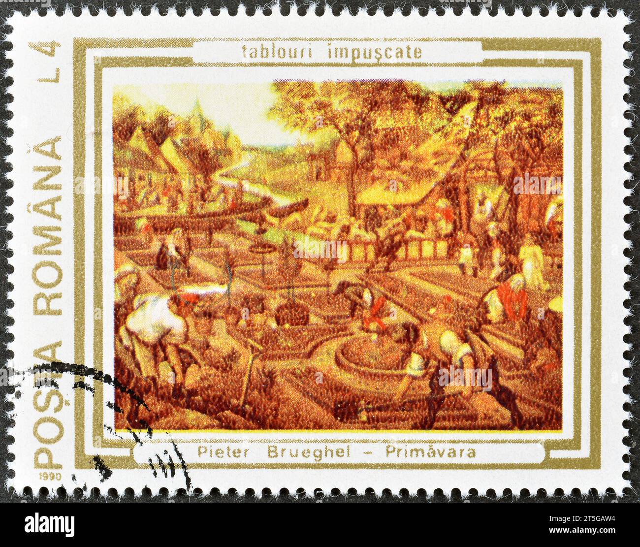 Timbre-poste annulé imprimé par la Roumanie, qui montre Printemps, Peter Brueghel l'ancien, peintures endommagées à la Révolution, vers 1990. Banque D'Images
