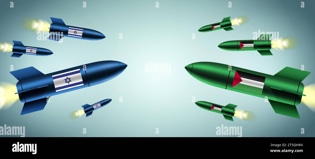 Bombes israéliennes et palestiniennes volant l'une vers l'autre. Illustration vectorielle de concept de conflit de Gaza. Illustration de Vecteur