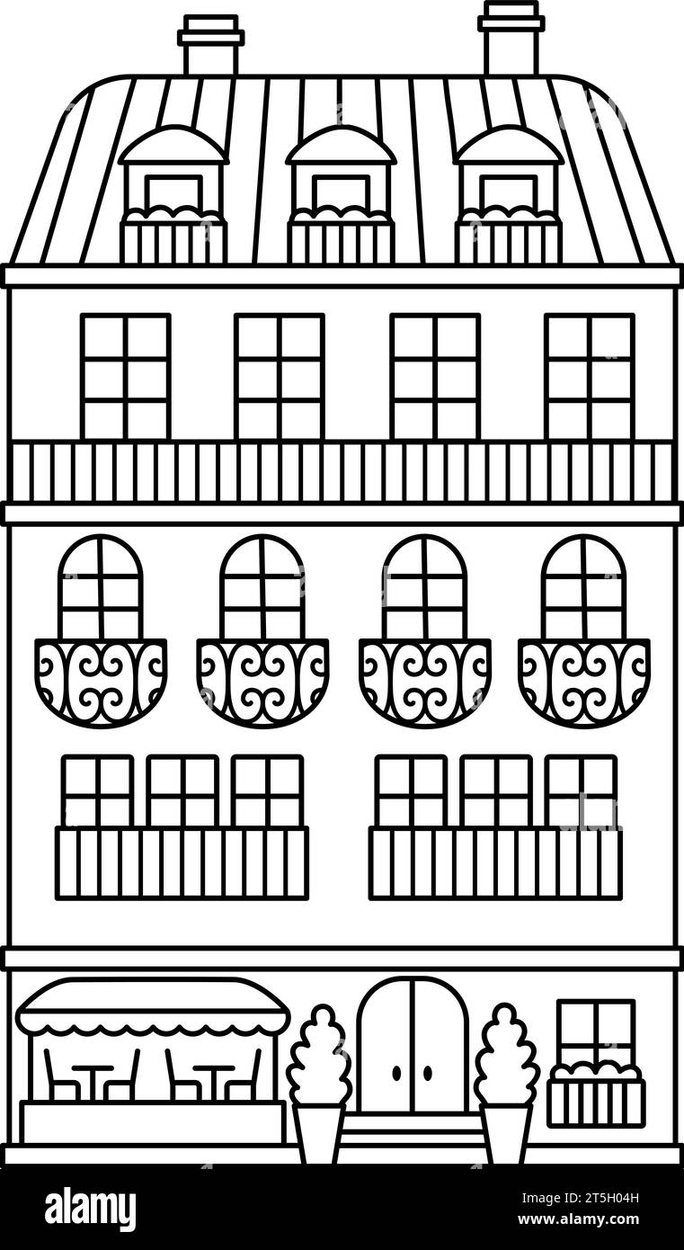 Icône de bloc vectoriel de ligne aplatie. Illustration de maison traditionnelle de Paris ou page à colorier. Photo de bâtiment français historique noir et blanc avec café i Illustration de Vecteur