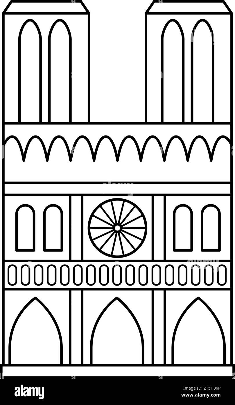 Vector notre Dame Cathedral icône noir et blanc. Illustration de ligne de vue de Paris ou page à colorier. Monument traditionnel de la France. Appartement français historique Illustration de Vecteur